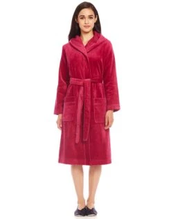 Cinderella Terry Wrap Short Belted Hoodie Bathrobe With Piped Trim Raspberry