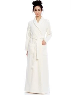 Cinderella Terry Wrap Long Belted Bathrobe With Piped Trim Ivory