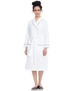 Cinderella Terry Wrap Short Belted Bathrobe With Contrast Piped Trim White Gray