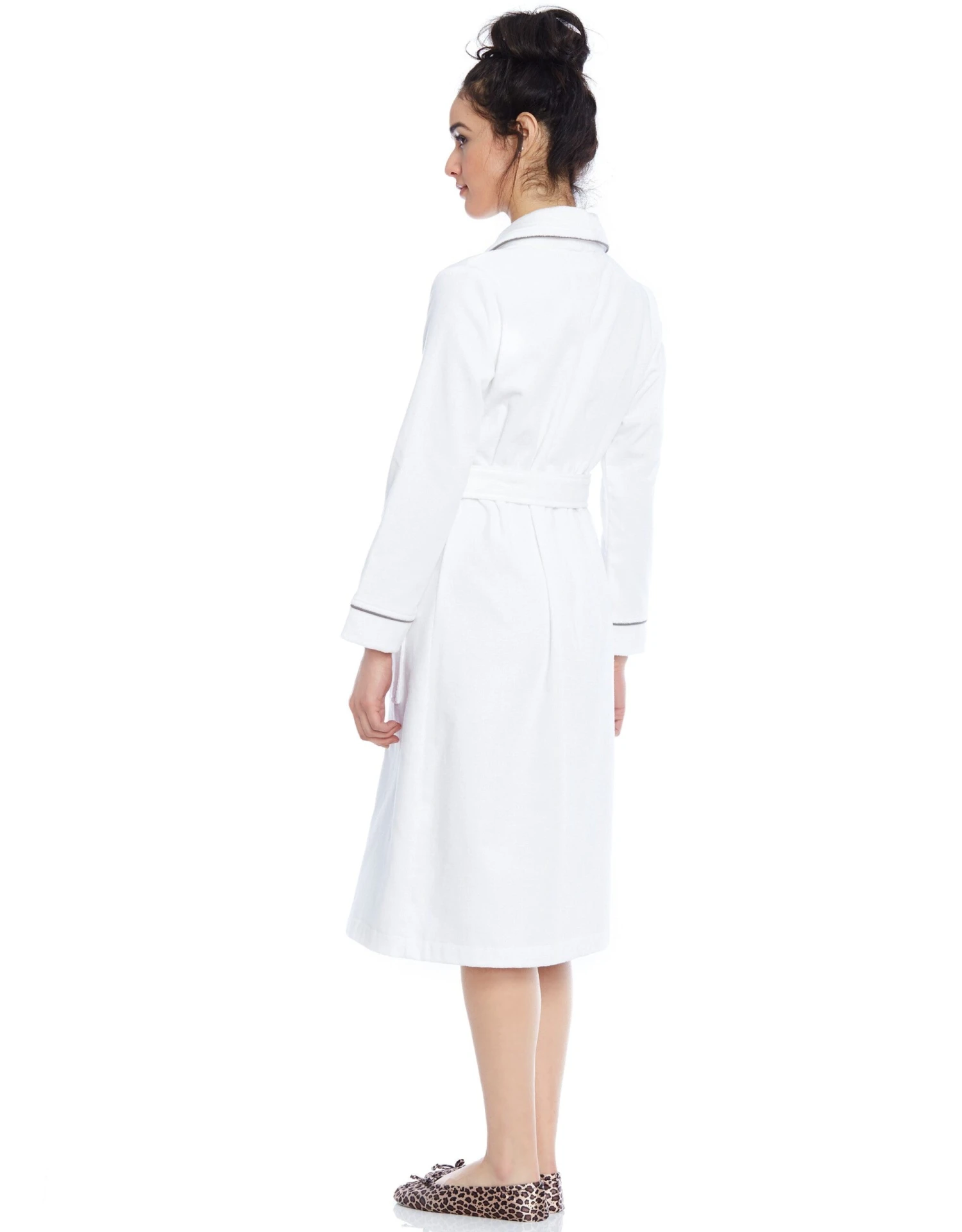Cinderella Terry Wrap Short Belted Bathrobe With Contrast Piped Trim White Gray 2 Cinderella Terry Wrap Short Belted Bathrobe With Contrast Piped Trim White Gray - Image 2