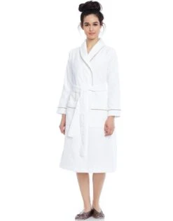 Cinderella Terry Wrap Short Belted Bathrobe With Contrast Piped Trim White Mocha
