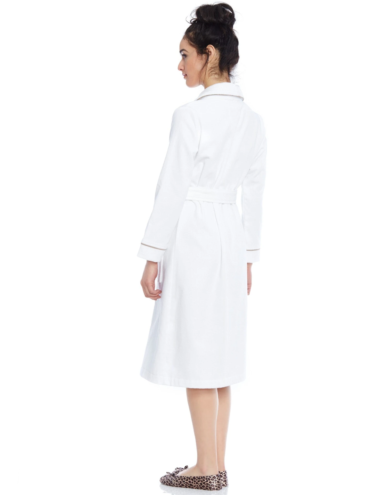 Cinderella Terry Wrap Short Belted Bathrobe With Contrast Piped Trim White Mocha 2 Cinderella Terry Wrap Short Belted Bathrobe With Contrast Piped Trim White Mocha - Image 2