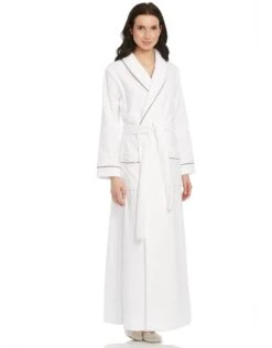 Cinderella Terry Wrap Long Belted Bathrobe With Contrast Piped Trim White Gray