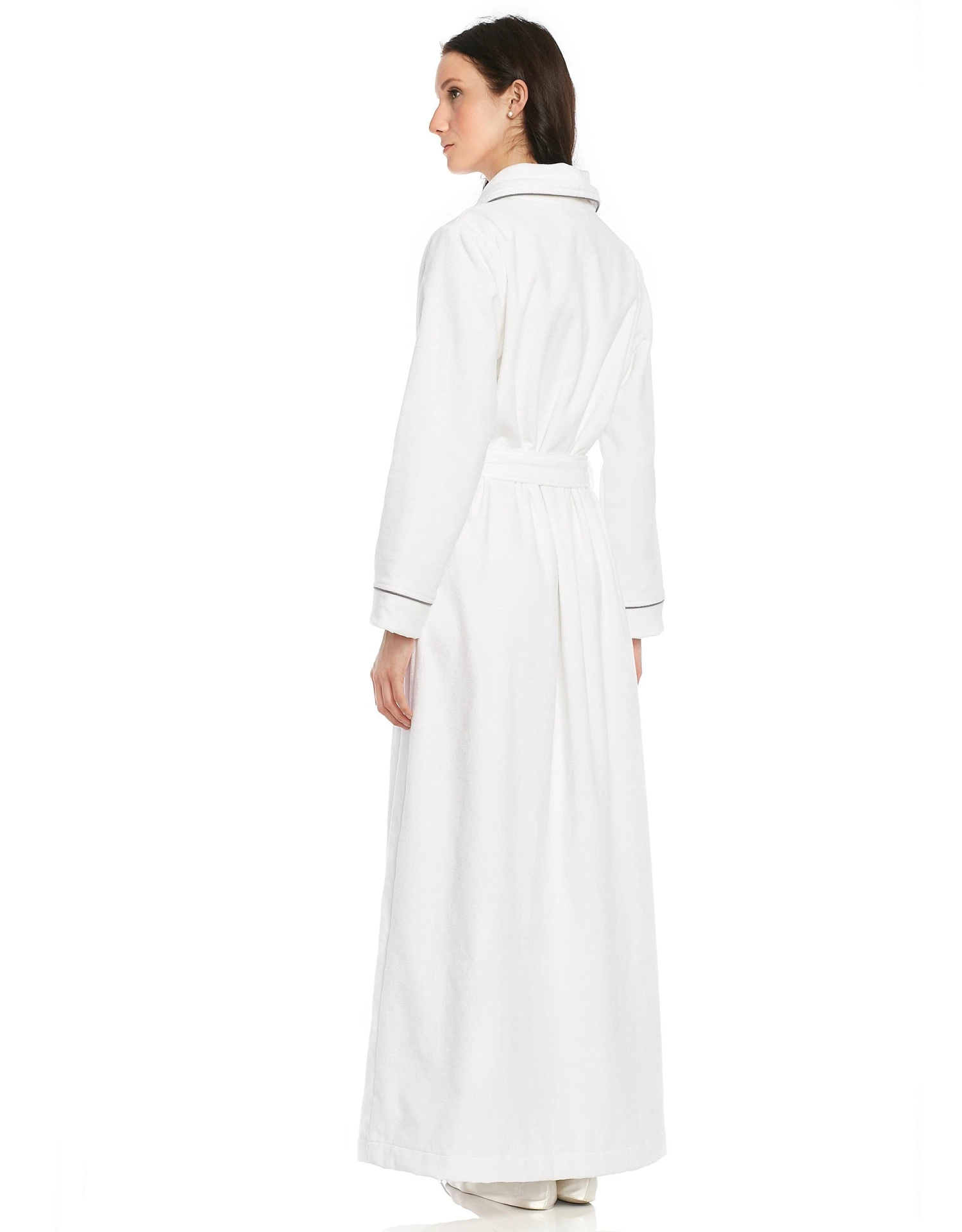 Cinderella Terry Wrap Long Belted Bathrobe With Contrast Piped Trim White Gray 2 Cinderella Terry Wrap Long Belted Bathrobe With Contrast Piped Trim White Gray - Image 2